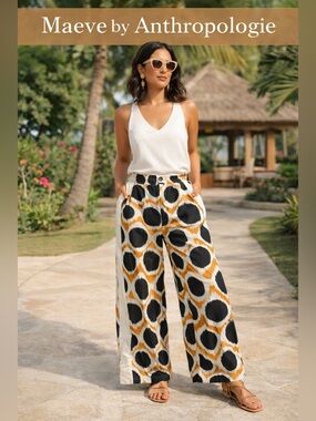 Maeve Anthropologie Printed Wide Leg Pants Black Mustard Ikat Sz 2 Boho NWOT